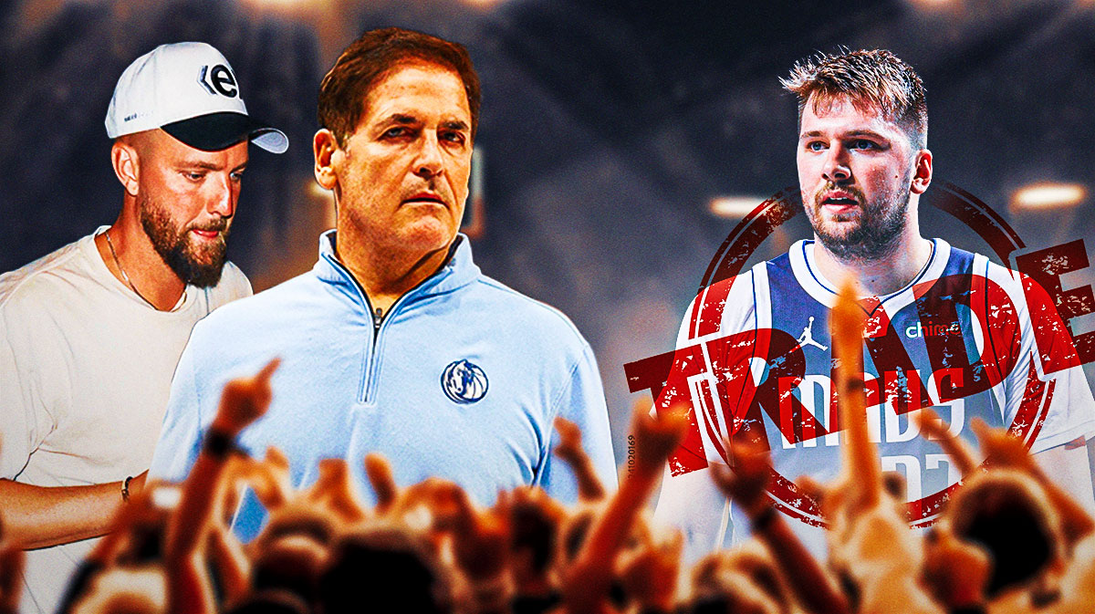 Mark Cuban and Chandler Parsons looking confused, with Luka Doncic next to them in a Mavericks. Over Doncic, the text "Traded" is stamped over him.