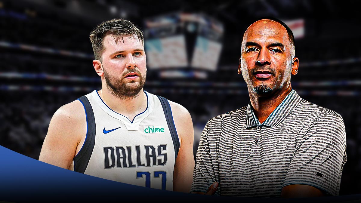 Luka Doncic next to Nico Harrison on the Mavericks court
