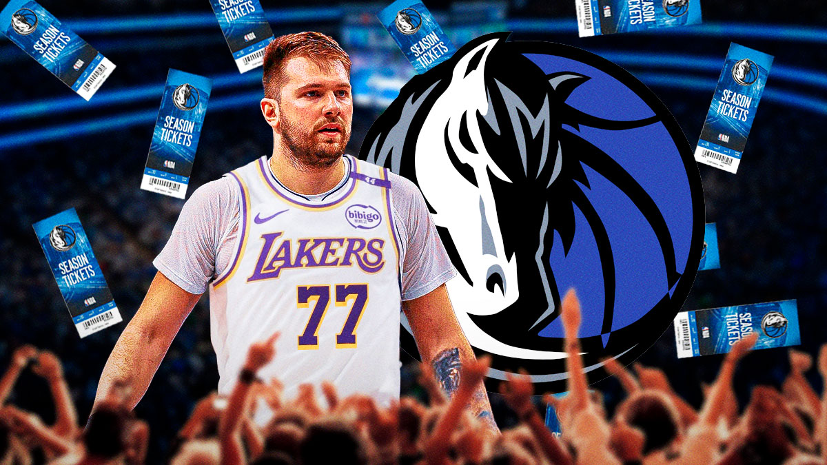 Luka Doncic in a Lakers jersey with a Mavericks logo next to him and basketball game tickets around the picture.