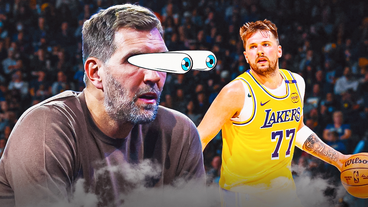 2024 or 2025 image of Dirk Nowitzki with eyes popping out looking at Luka Doncic in a Lakers jersey.