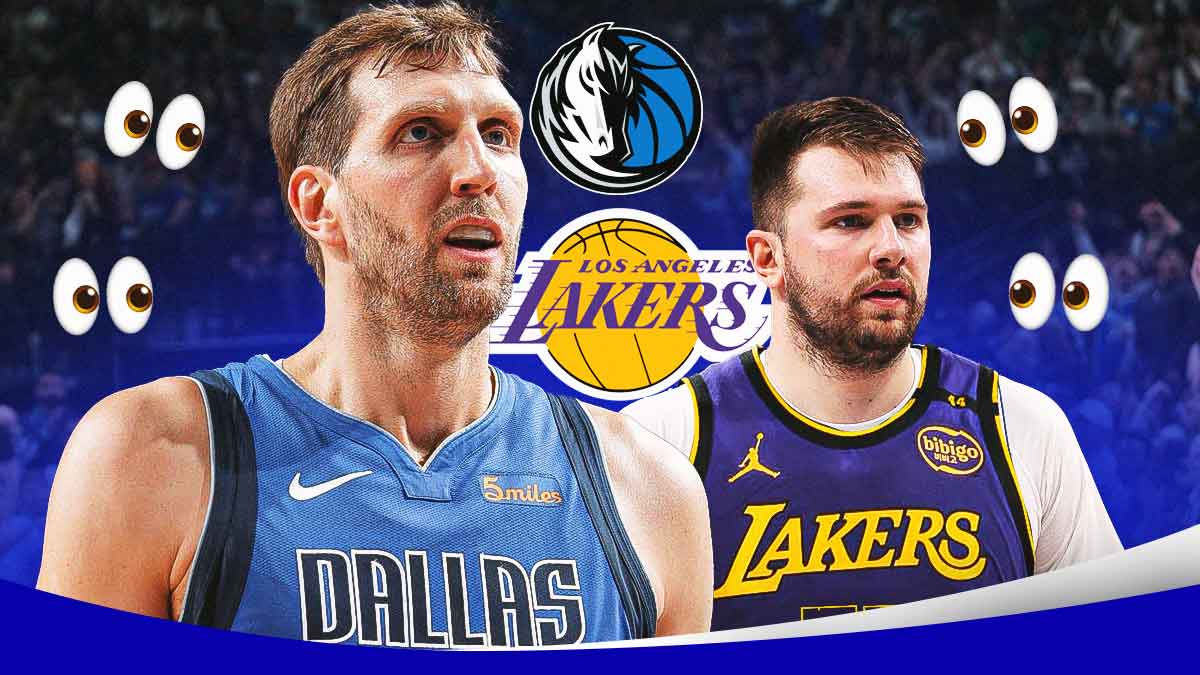 Dirk Nowitzki, Luka Doncic, Mavericks and Lakers logos, eyes symbols
