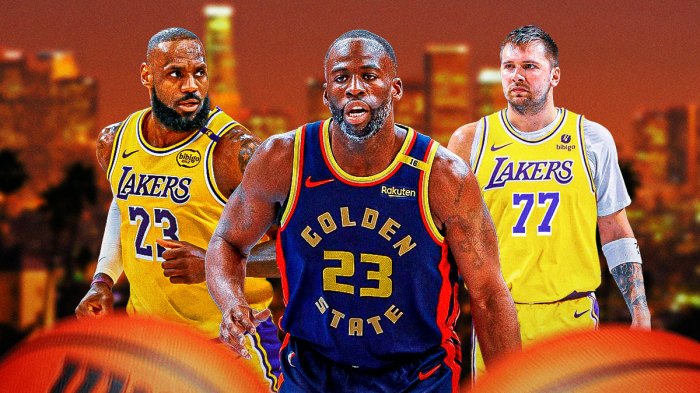 Warriors forward Draymond Green in between Lakers superstar LeBron James and Lakers All-Star Luka Doncic with the Los Angeles skyline in the background on Mavericks' Anthony Davis