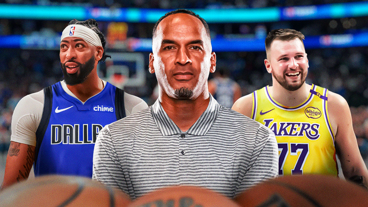 Nico Harrison, Luka Doncic in a Lakers jersey, and Anthony Davis in a Mavericks jersey.