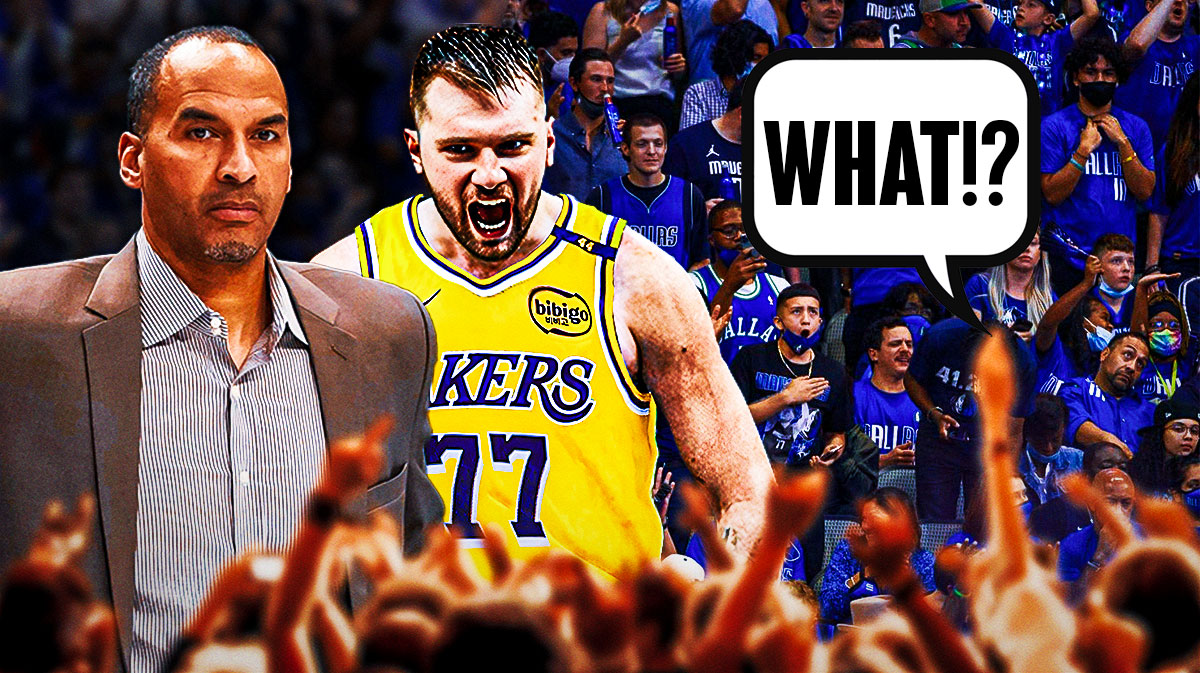 Nico Harrison and Luka Doncic (in a Los Angeles Lakers uniform) on one side, a bunch of Dallas Mavericks fans on the other side with a speech bubble that says "What!?"