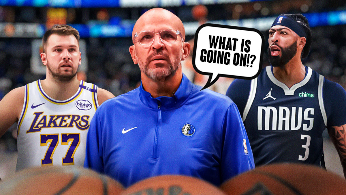 Dallas Mavericks head coach in the middle of Jason Kidd and Anthony Davis