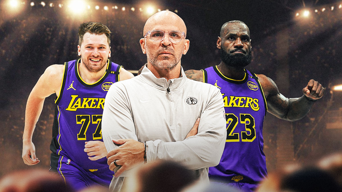 Mavericks Jason Kidd on left, Lakers Luka Doncic and Lakers LeBron James on right.
