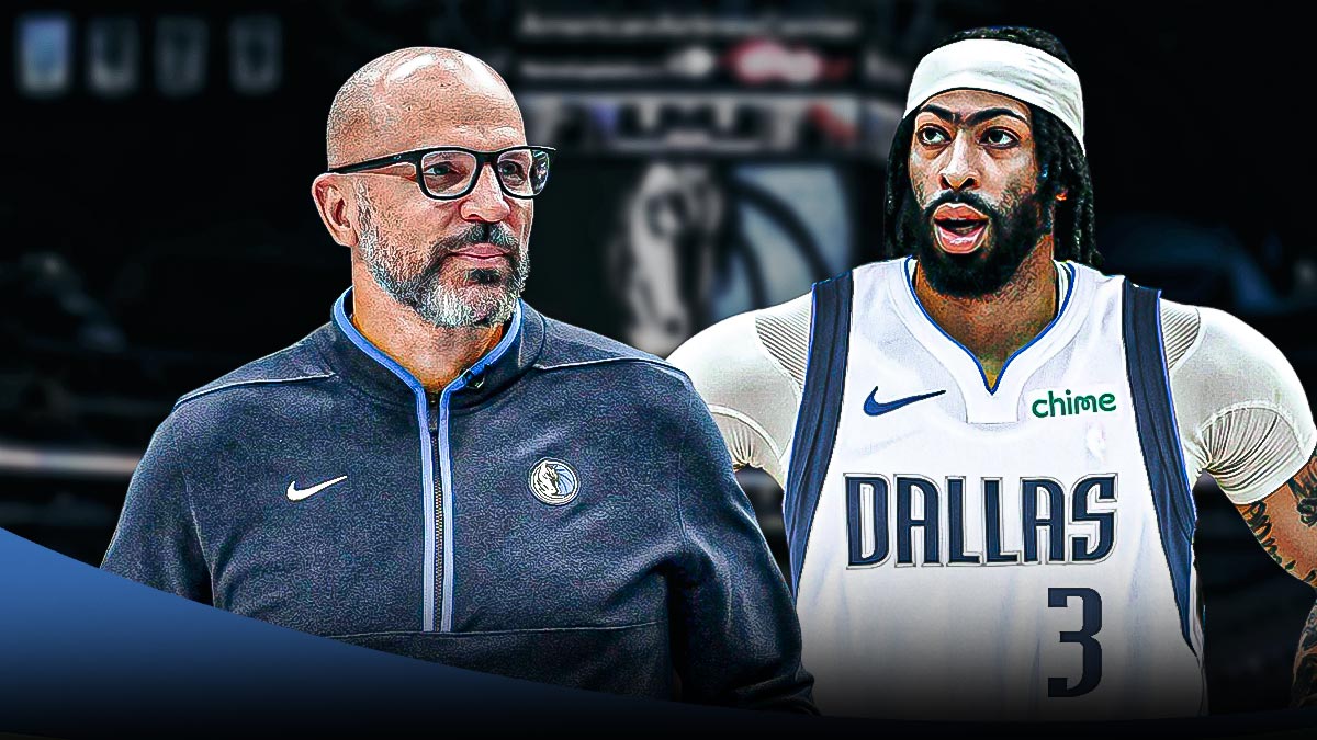 Image of Mavs coach Jason Kidd next to an image of Mavs Anthony Davis looking hyped and happy. Question marks next to him