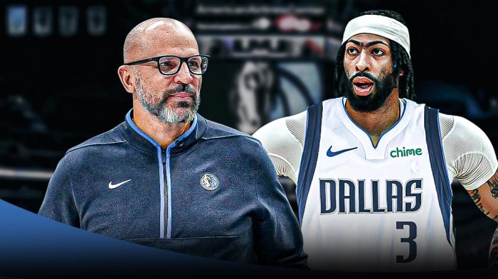 Image of Mavs coach Jason Kidd next to an image of Mavs Anthony Davis looking hyped and happy. Question marks next to him