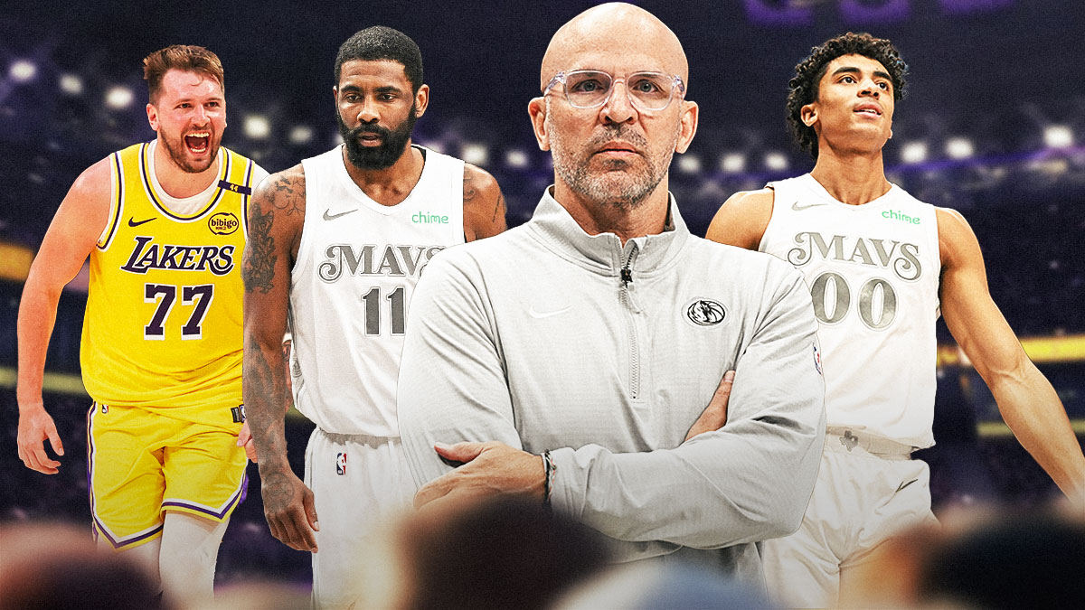 Mavericks' Jason Kidd with Max Christie and Kyrie Irving beside him, with Lakers' Luka Doncic looking on