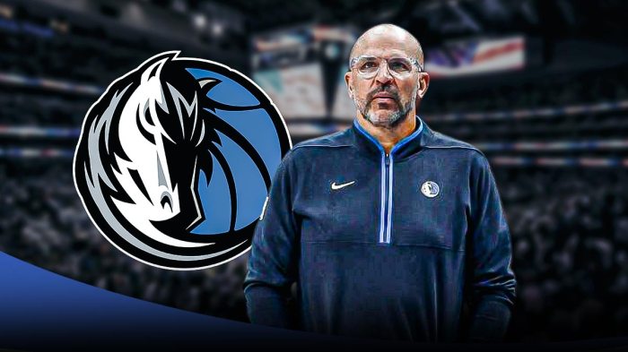 Mavericks Jason Kidd looking serious in front. Place the Dallas Mavericks logo somewhere in background.
