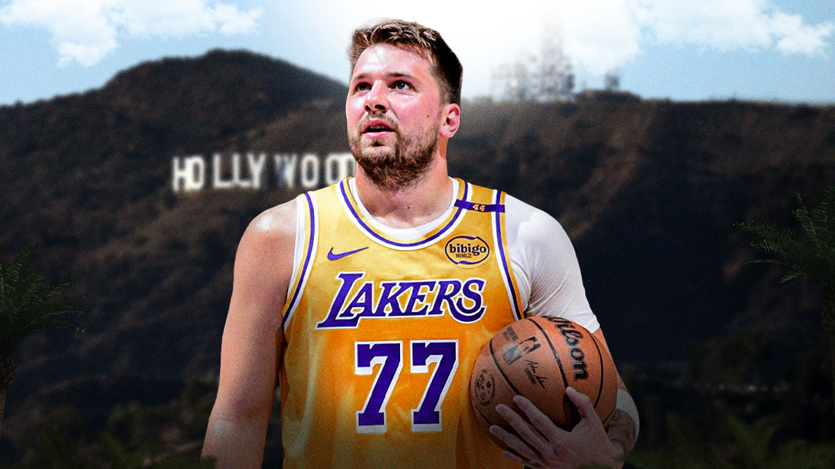Luka Doncic in front of Los Angeles background with Hollywood sign visible