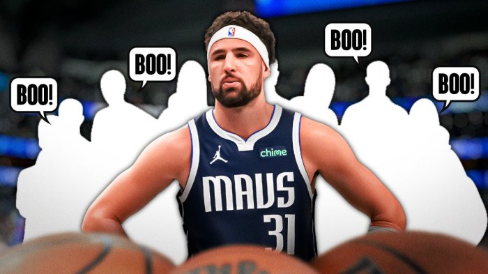 Klay Thompson looking sad, with silhouettes of fans below him. Those silhouettes have a thought bubble that say “Boo” on them.