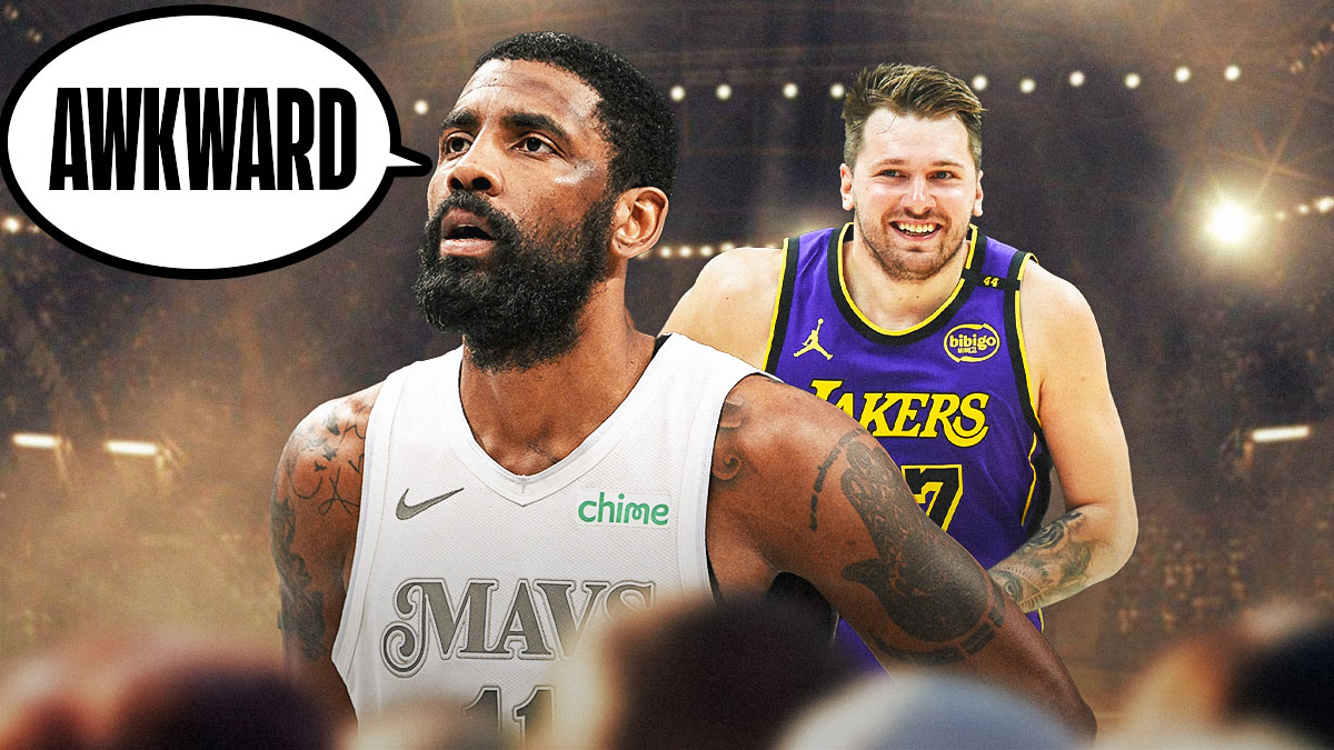 Mavericks Kyrie Irving saying the following: AWKWARD Lakers Luka Doncic next to him.