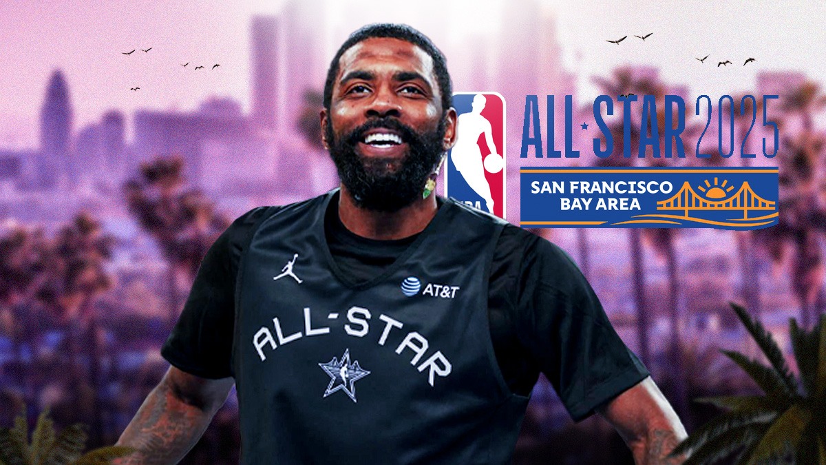 Mavericks All-Star Kyrie Irving next to the 2025 NBA All-Star Game logo with the Los Angeles skyline in the background