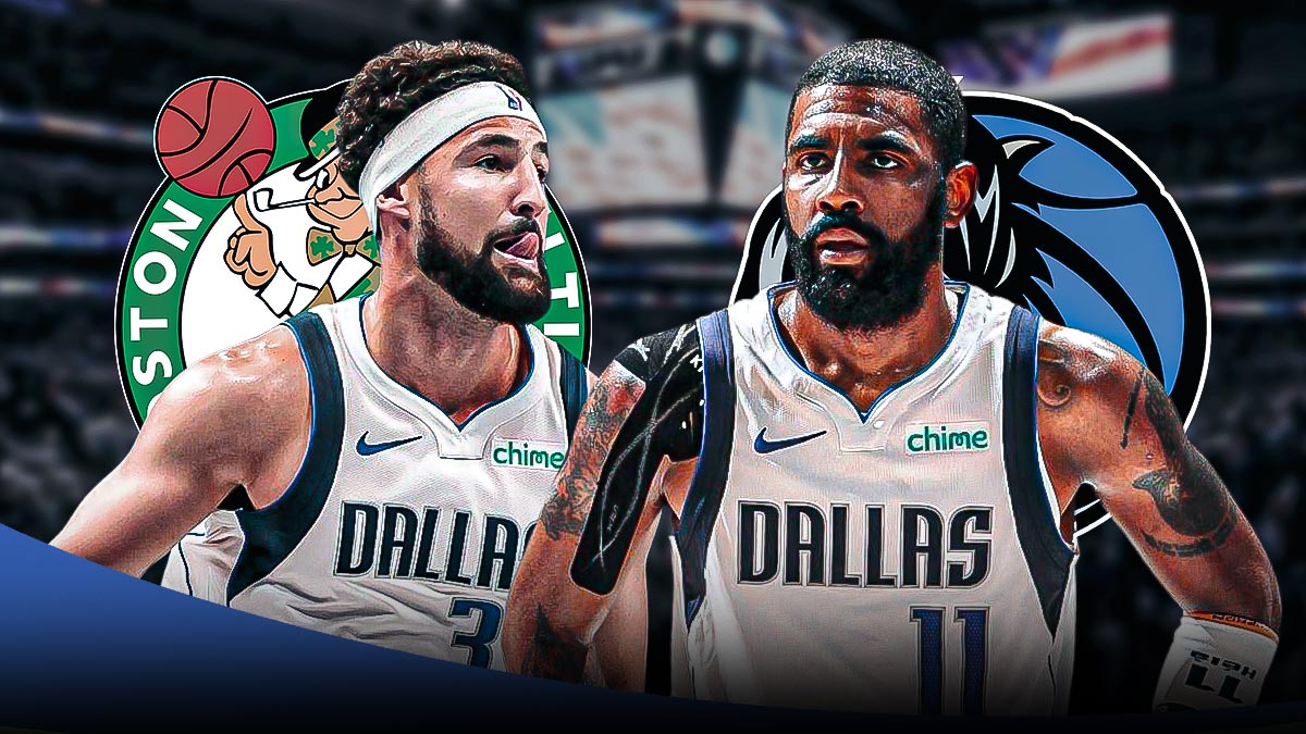 Kyrie Irving, Klay Thompson, Boston Celtics and Dallas Mavericks logos in background, fire symbols surrounding Irving and Thompson