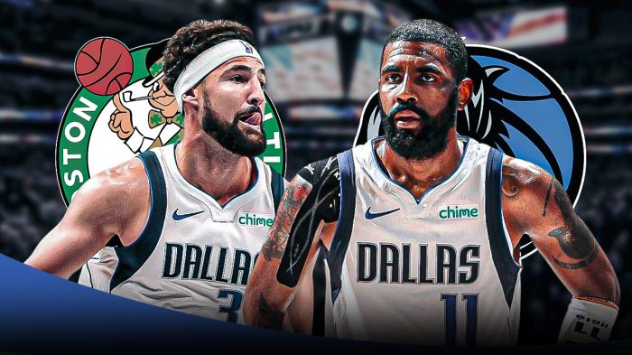 Kyrie Irving, Klay Thompson, Boston Celtics and Dallas Mavericks logos in background, fire symbols surrounding Irving and Thompson