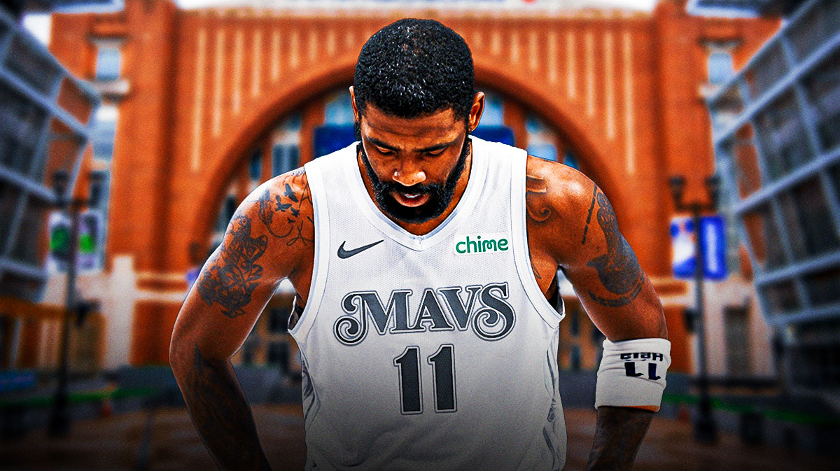 Mavericks Kyrie Irving looking serious with the outside of the American Airlines Center in background.