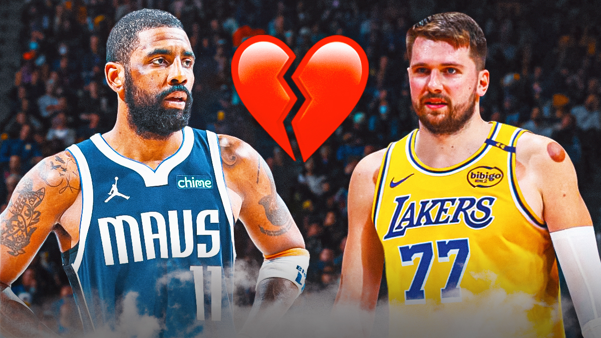 Mavericks' Kyrie Irving beside Luka Doncic in a Lakers uniform, with a heartbreak tear between them