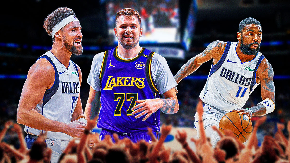 Lakers Luka Doncic, Mavericks Klay Thompson on left both smiling. Mavericks Kyrie Irving dribbling a basketball on right.