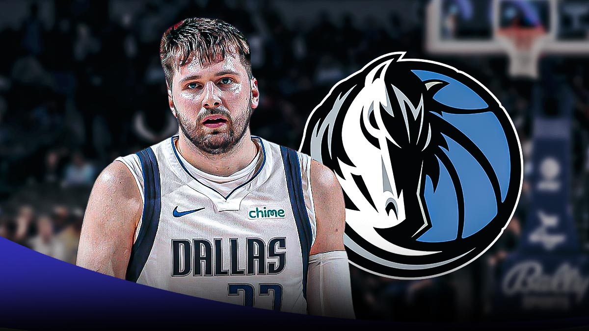 Mavericks Luka Doncic looking emotional on the left, Mavs logo on the right.