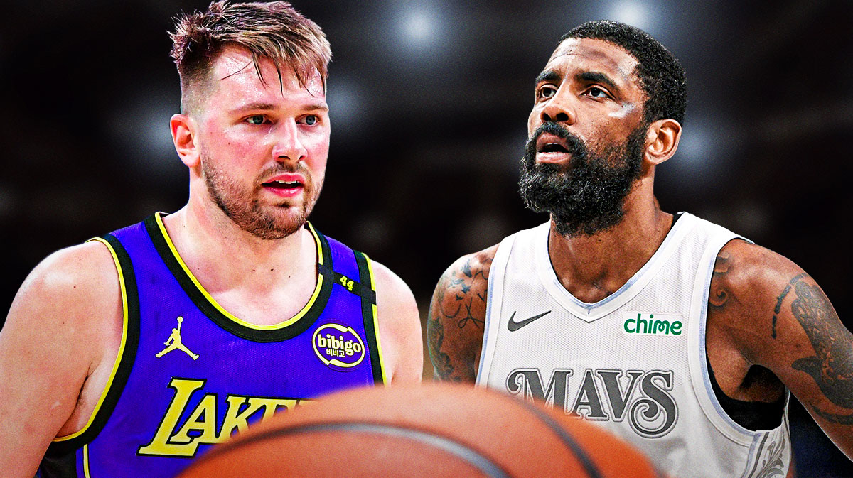 Luka Doncic in a Lakers jersey and Kyrie Irving in a Mavs jersey.