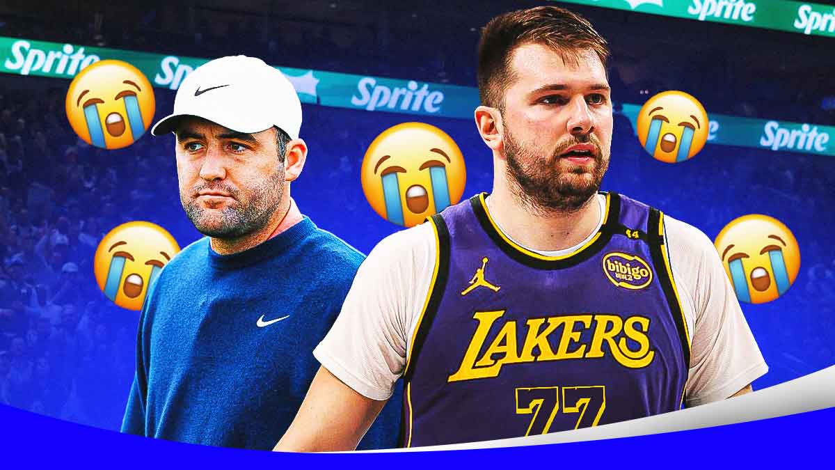 Scottie Scheffler next to Luka Doncic (Lakers #77 jersey) with crying emoji around them