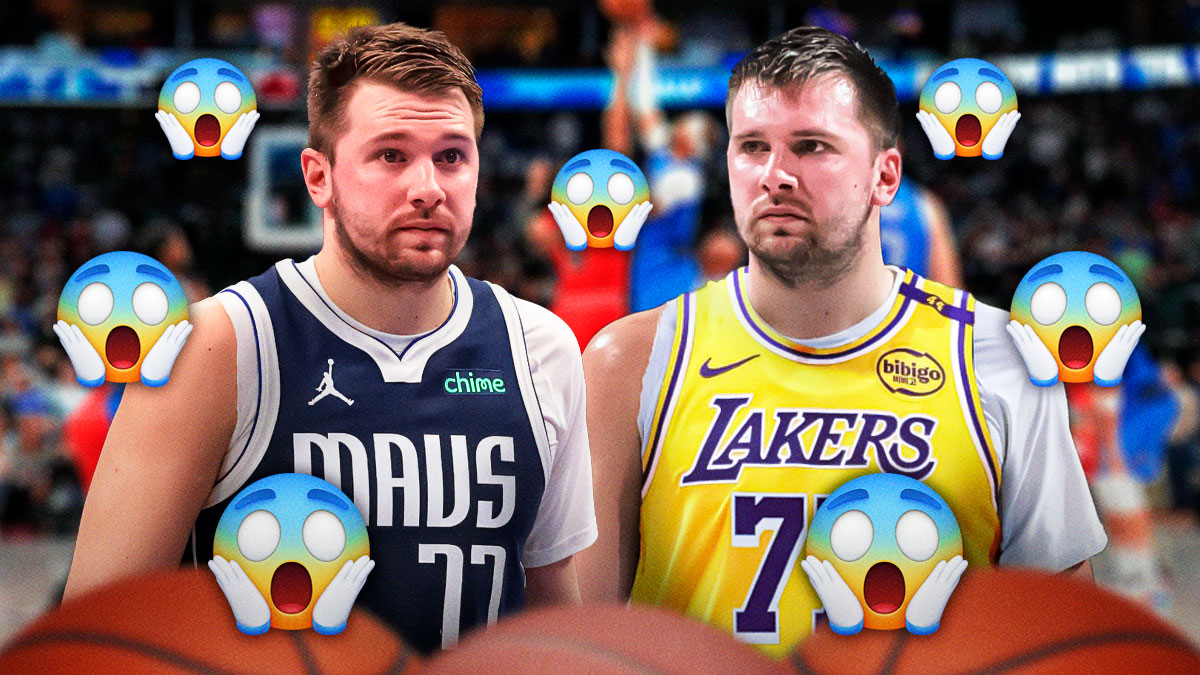 Luka Dončić on one side in Dallas Mavericks jersey with an arrow shooter on the other side in a jet jet in Los Angeles, a pile of shocked emojis in the background