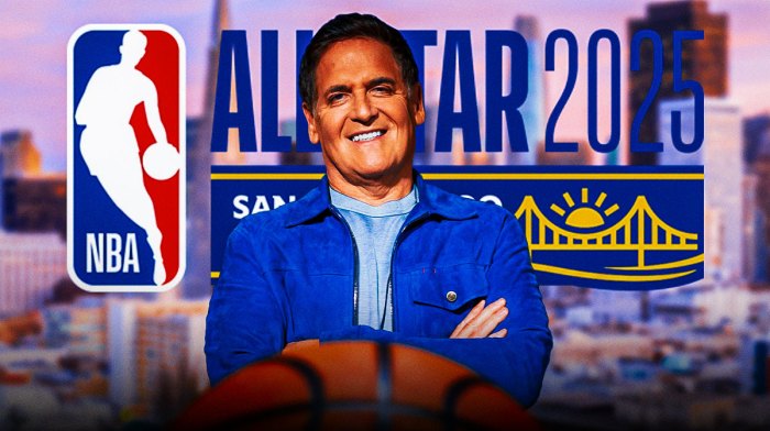 Mavericks' Mark Cuban next to the 2025 NBA All-Star Game logo with the San Francisco skyline in the background