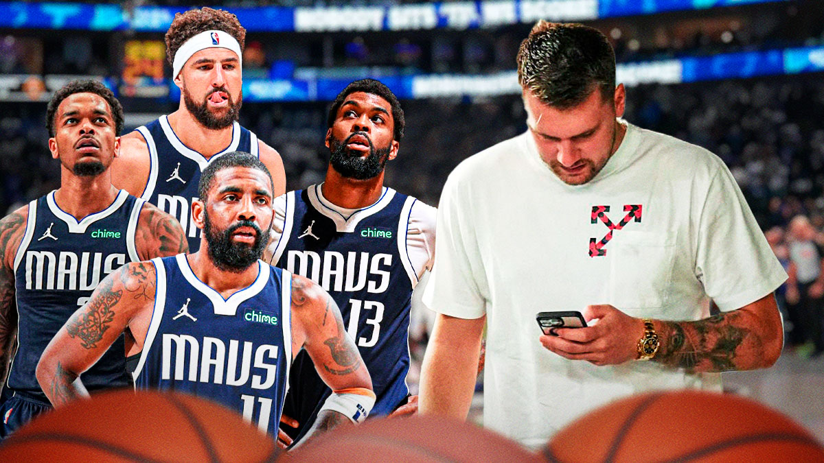 On left, Luka Doncic in normal clothes texting on a cell phone. On right, Mavericks Kyrie Irving, Mavericks Naji Marshall, Mavericks Klay Thompson and Mavericks PJ Washington.