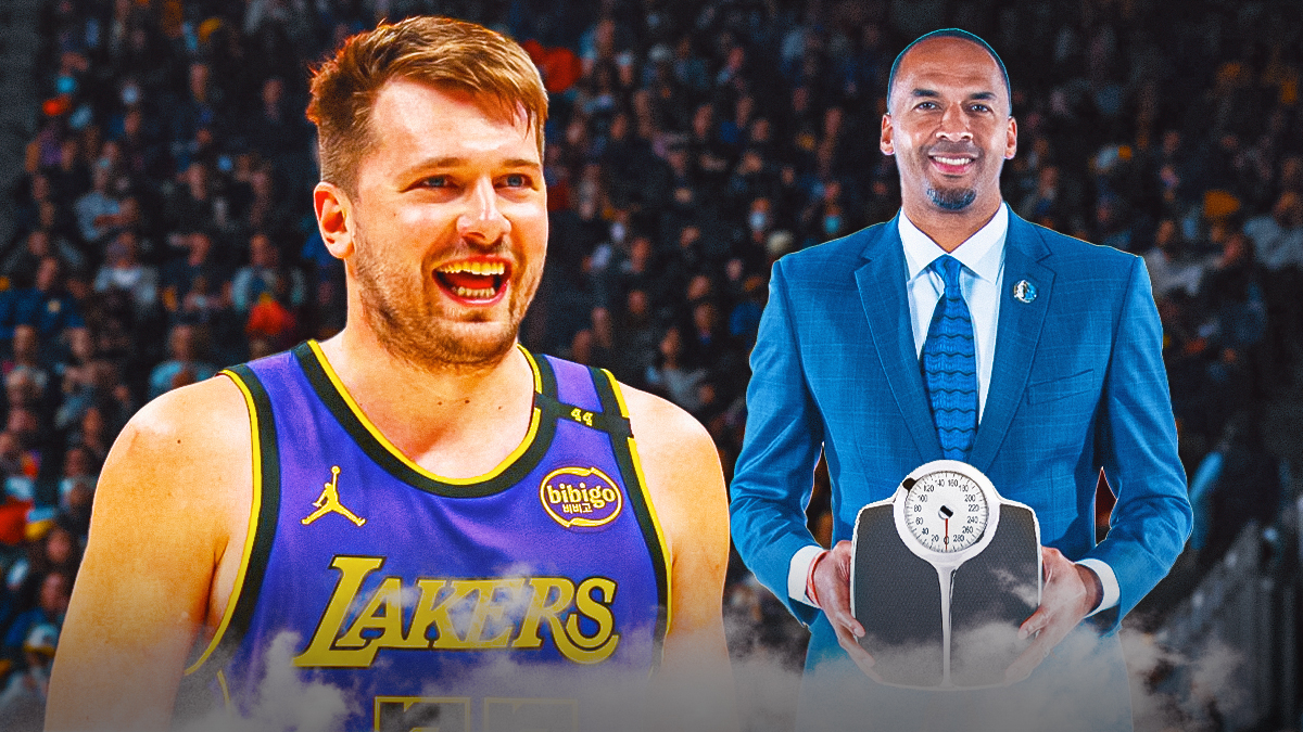 Mavericks’ Nico Harrison holding a weighing scale, with Lakers’ Luka Doncic laughing beside him