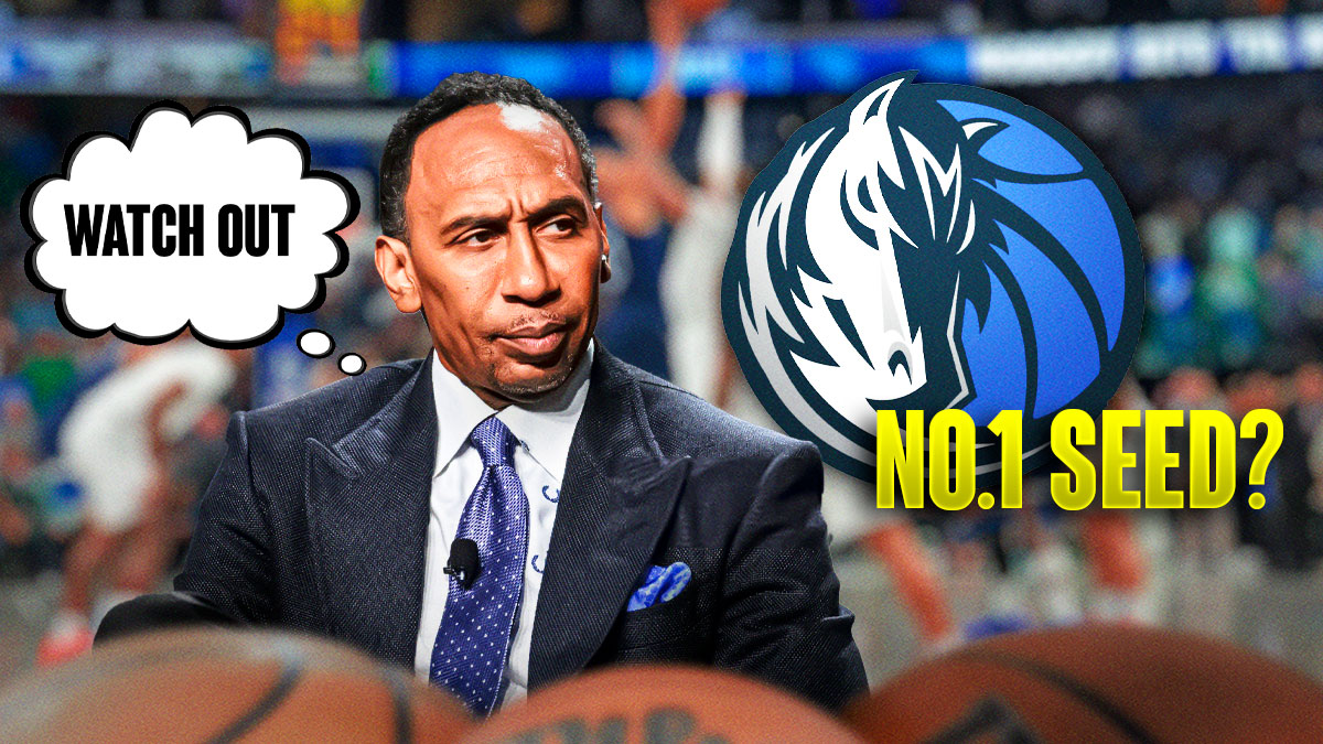 Stephen A Smith with a thought bubble that says "Watch out" and the Mavericks logo next to him with a text that says "No. 1 seed?" stamped over the logo.