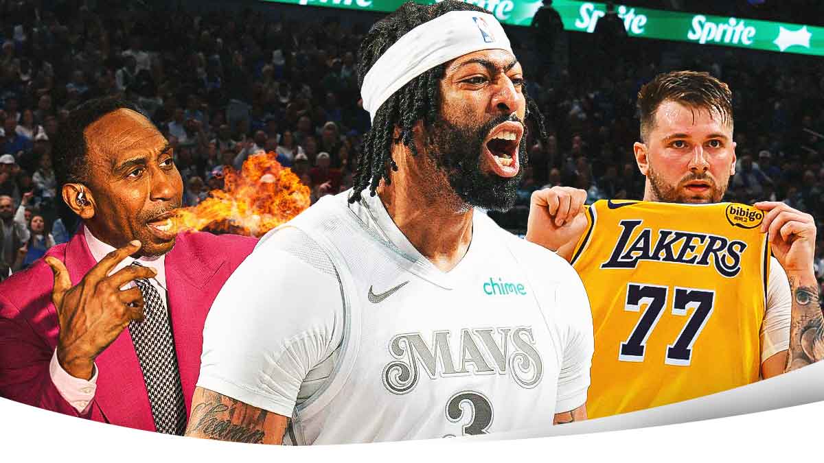 Image of Stephen A Smith spitting fire next to an image of Mavs Anthony Davis looking happy next to an image of Lakers Luka Doncic looking upset/sad.