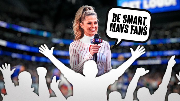 Allie LaForce with a thought bubble that says "Be Smart, Mavs Fans" and silhouettes below her and a background of the Mavericks home arena.