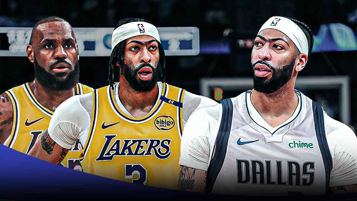 Anthony Davis in a Mavericks jersey on left. Lakers Anthony Davis and Lakers LeBron James on right.