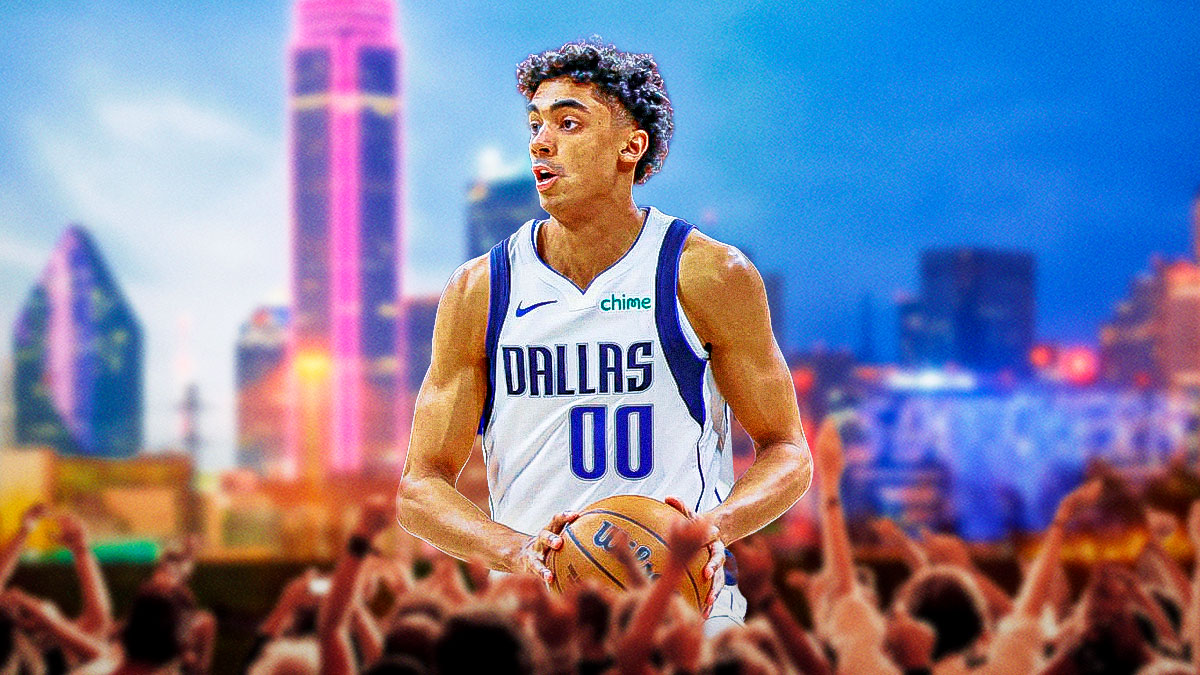 Max Christie in a Dallas Mavericks jersey with the Dallas skyline at night in background.