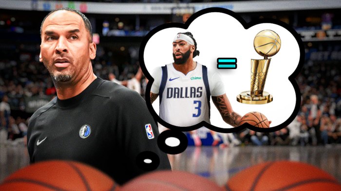 Mavericks general manager Nico Harrison with a thought bubble that has Anthony Davis in a Mavericks jersey, an equal sign next to it, and the Larry O'Brien NBA trophy next to the equal sign.