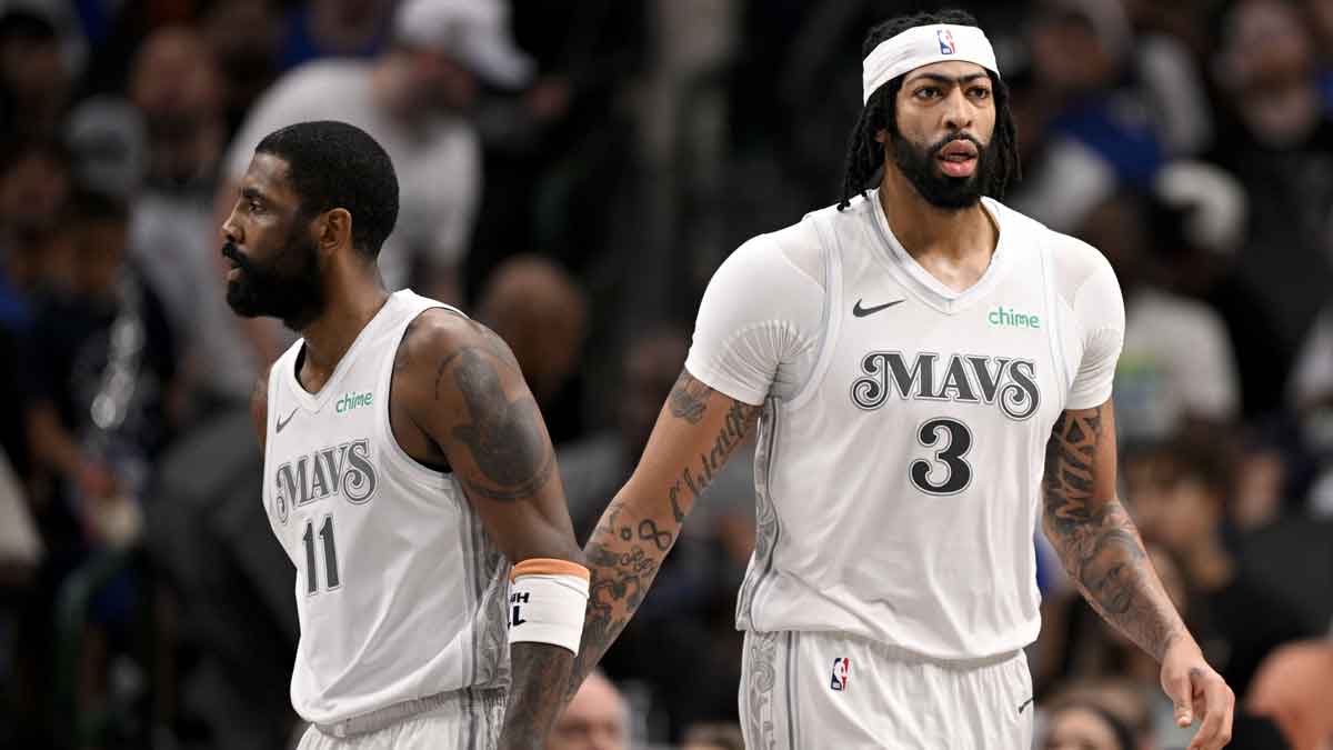 Dallas Mavericks guard Kyrie Irving (11) and forward Anthony Davis (3) during the game between the Dallas Mavericks and the Houston Rockets at the American Airlines Center.