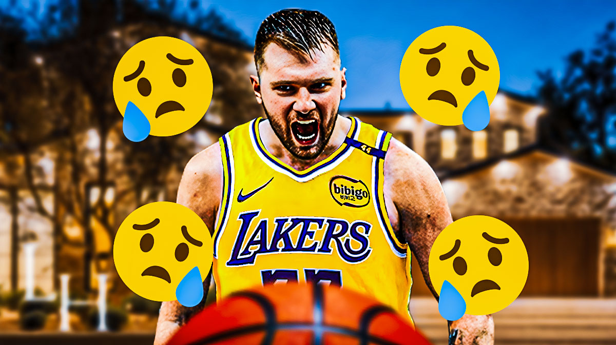 Luka Doncic in a Lakers jersey next to a mansion and sad face emojis around the picture