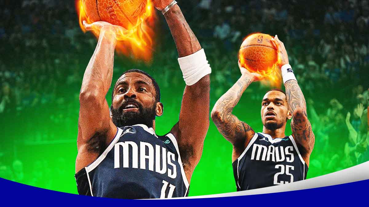 Mavericks Kyrie Irving and Mavericks PJ Washington both shooting basketballs, but have fire coming off the basketballs.