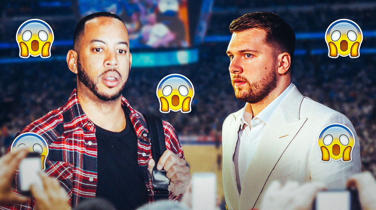 Mavericks TV analyst Devin Harris with the shocked emojis around him, and Luka Doncic next to him.
