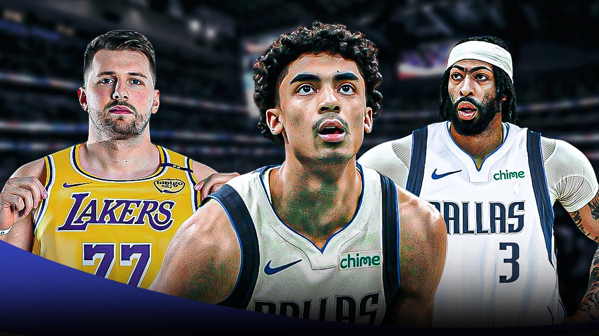 Mavericks Max Christie shooting a basketball in the middle. Mavericks Anthony Davis on left, Lakers Luka Doncic on right.