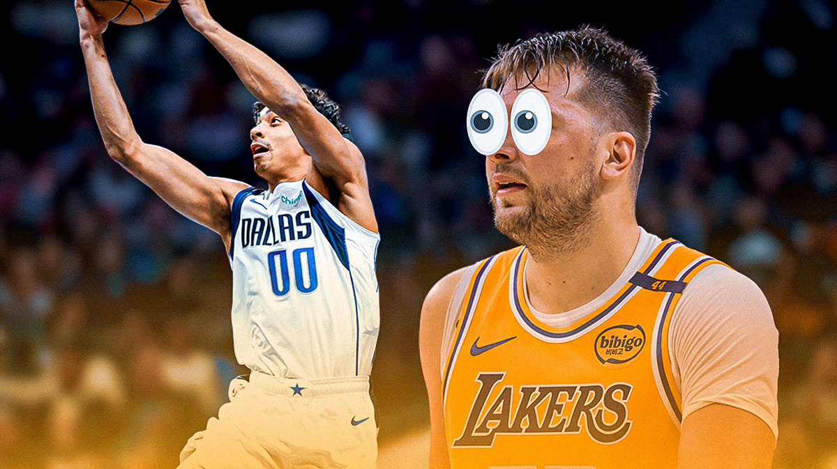 Mavericks Max Christie shooting a basketball on left. Lakers Luka Doncic with cartoon eyes popping out looking at Christie.