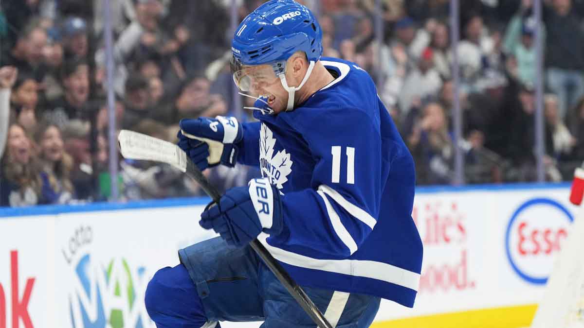 Toronto Maple Leafs center Max Domi (11) celebrates after scoring a goal against the against the Buffalo Sabres during the first period at Scotiabank Arena.
