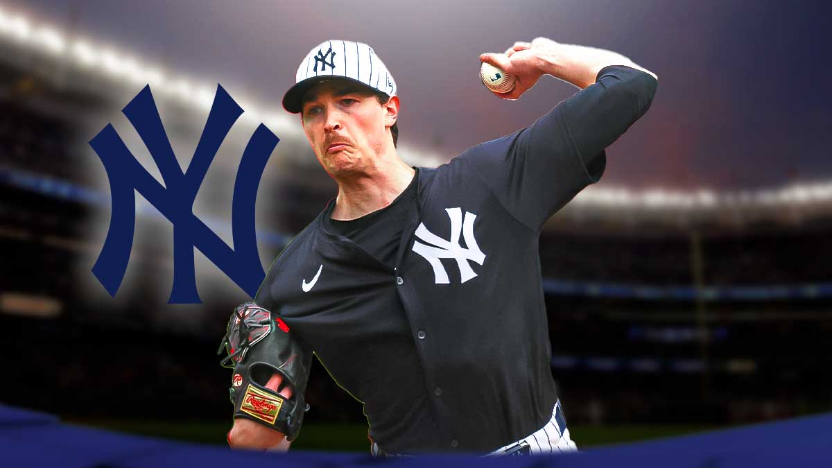 Max Fried pitching in a New York Yankees uniform with a Yankees logo or Yankee Stadium behind him as fried is excited to join gerrit cole in the yankees rotation.