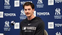 New York Yankees pitcher Max Fried (54) gives a press conference during spring training workouts at George M. Steinbrenner Field.