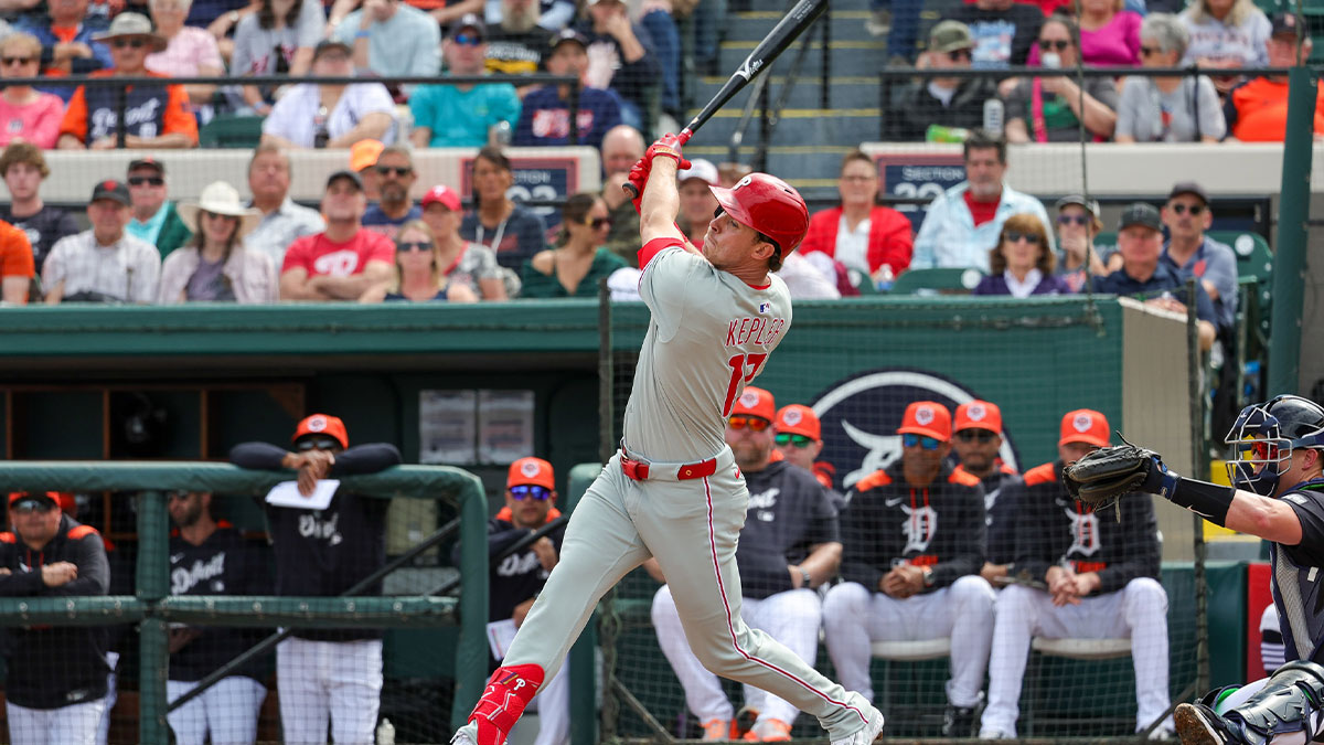 Philadelphia Phillies outfielder Max Kepler (17) bats during the second inning against the Detroit Tigers at Publix Field at Joker Marchant Stadium.