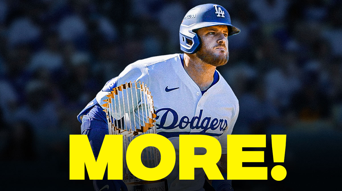 Dodgers' Max Muncy holding the 2024 World Series trophy, with caption below: MORE!