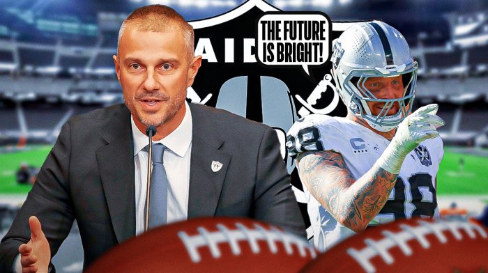 Las Vegas Raiders edge rusher Maxx Crosby with a speech bubble that says "The future is bright!" He is next to Raiders GM John Spytek. There is also a logo for the Las Vegas Raiders.