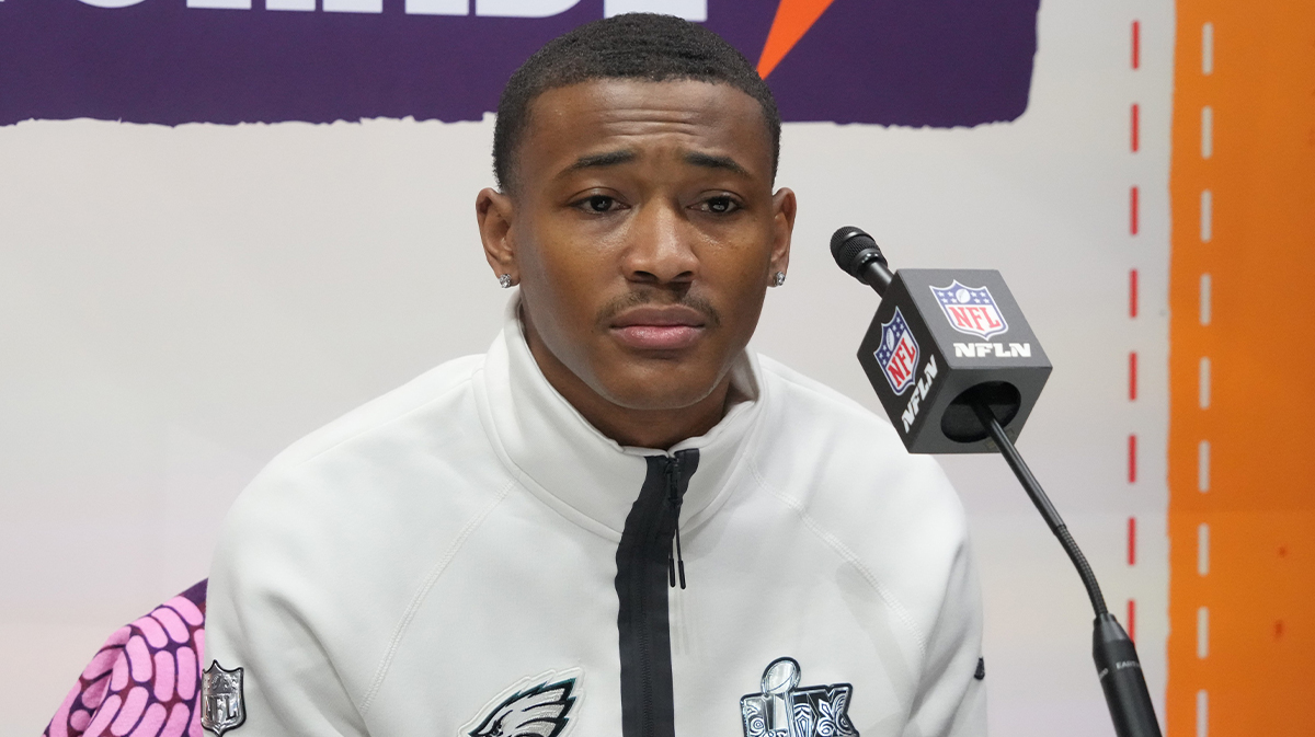 3. Feb, 2025; New Orleans, LA, USA; Philadelphia Eagles Vide Receiver Devonta Smith (6) During the Super Bowl character opens the night at Ceasars SuperDome.