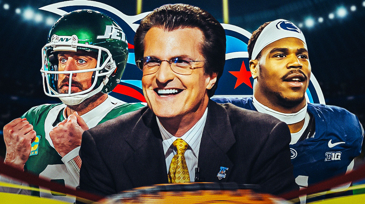 Penn State linebacker Abdul Carter with QB Aaron Rodgers and NFL draft analyst Mel Kiper Jr.. There is also a logo for the Tennessee Titans.